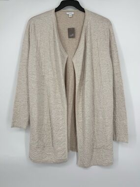 J Jill Pure Jill‎ Cardigan Medium Cotton Open Front Pockets Textured Oat NWT